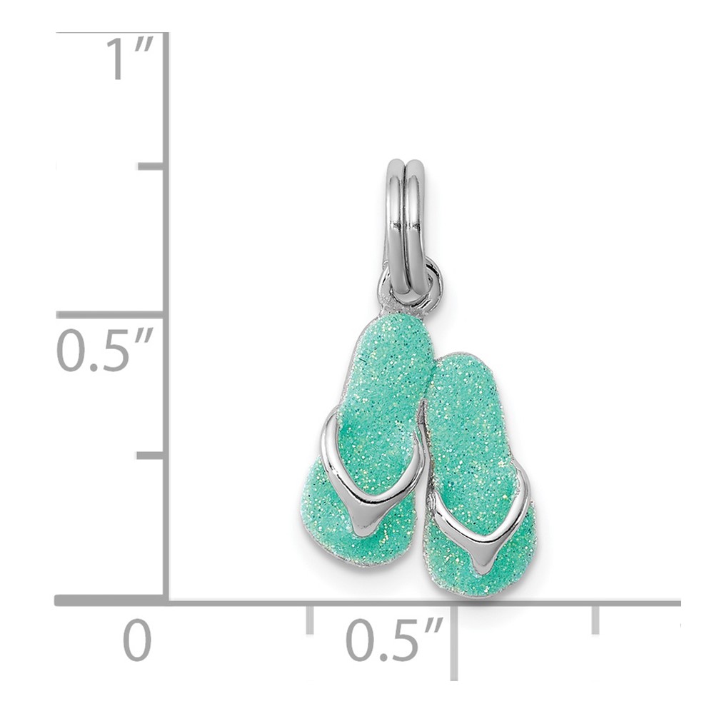 Sterling Silver Rhodium-platedGreen Enamel Flip Flops Charm (QC6316)