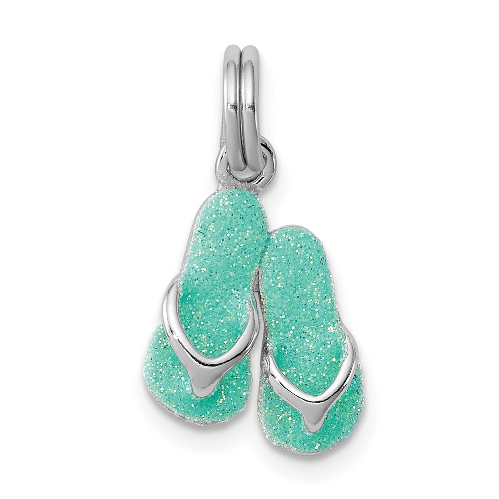 Sterling Silver Rhodium-platedGreen Enamel Flip Flops Charm (QC6316)