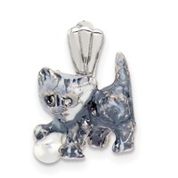 Silver Enamel Grey & White Cat Pendant Playing with Ball view 1