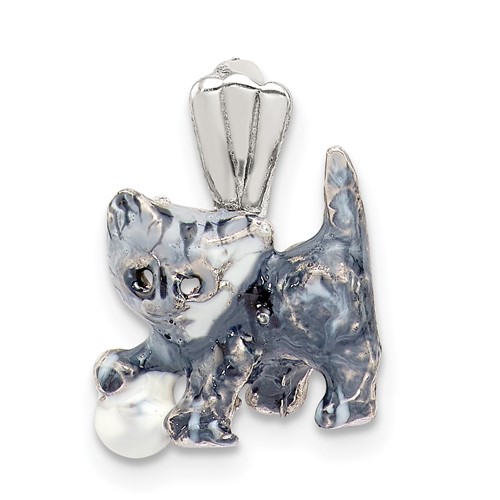 Silver Enamel Grey & White Cat Pendant Playing with Ball