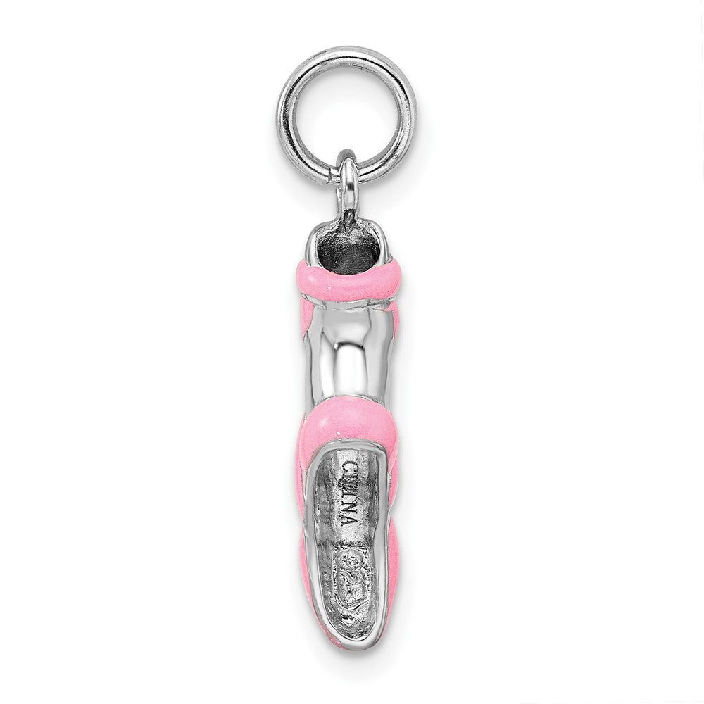 Sterling Silver Rhodium-platedPink Enamel Ballet Slipper Charm (QC6475)