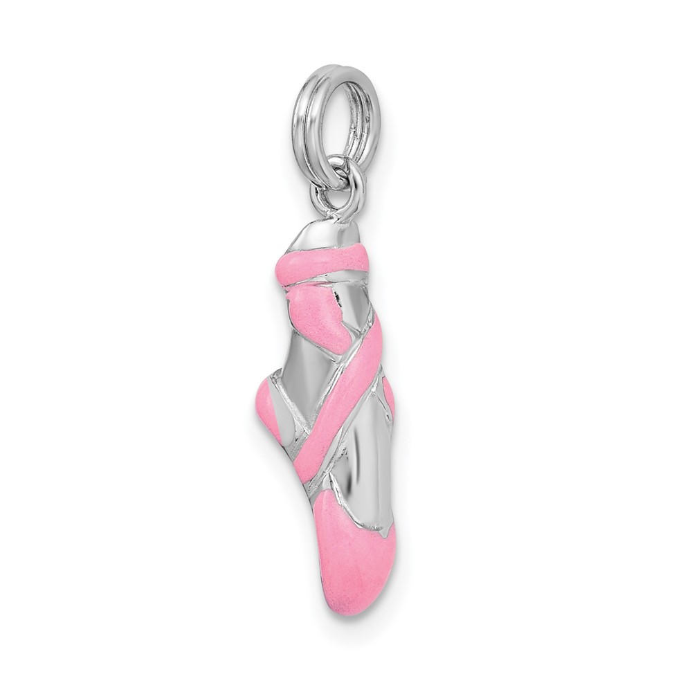 Sterling Silver Rhodium-platedPink Enamel Ballet Slipper Charm (QC6475)