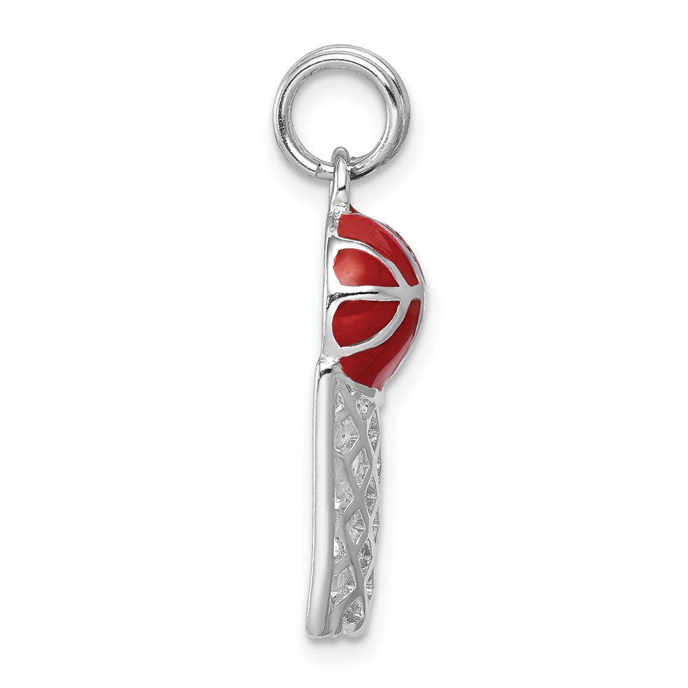 Sterling Silver Rhodium-platedEnamel Basketball & Hoop Charm (QC6493)