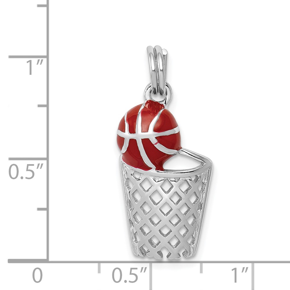 Sterling Silver Rhodium-platedEnamel Basketball & Hoop Charm (QC6493)