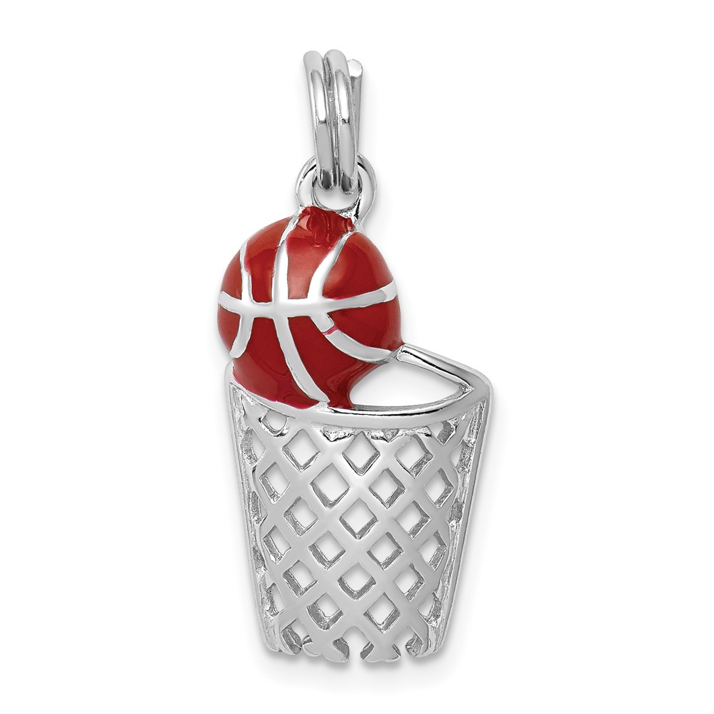 Sterling Silver Rhodium-platedEnamel Basketball & Hoop Charm (QC6493)
