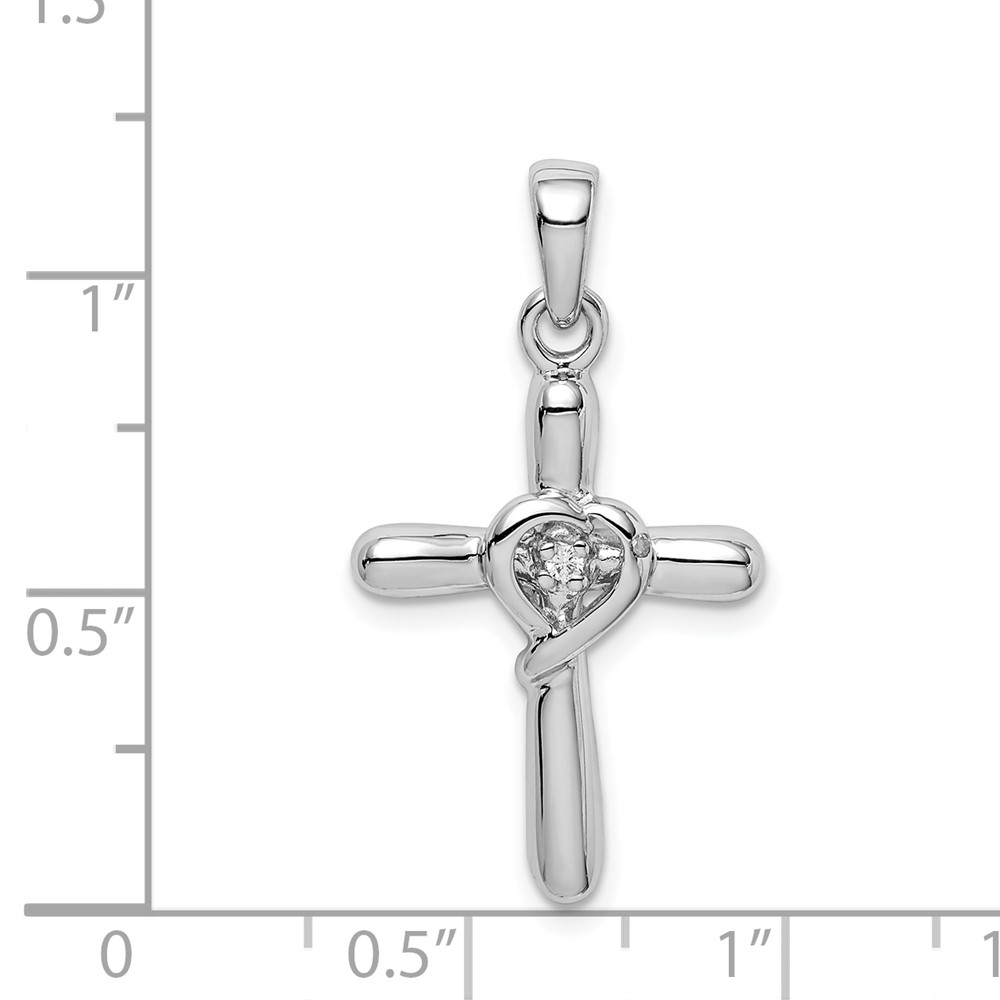 Sterling Silver Rhodium-plated White CZ Heart Cross Pendant (QC6683)