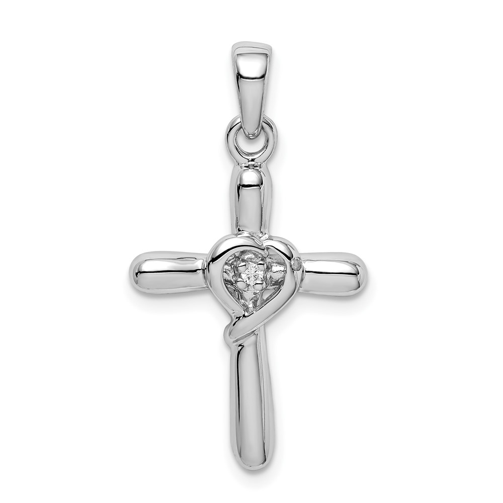 Sterling Silver Rhodium-plated White CZ Heart Cross Pendant (QC6683)