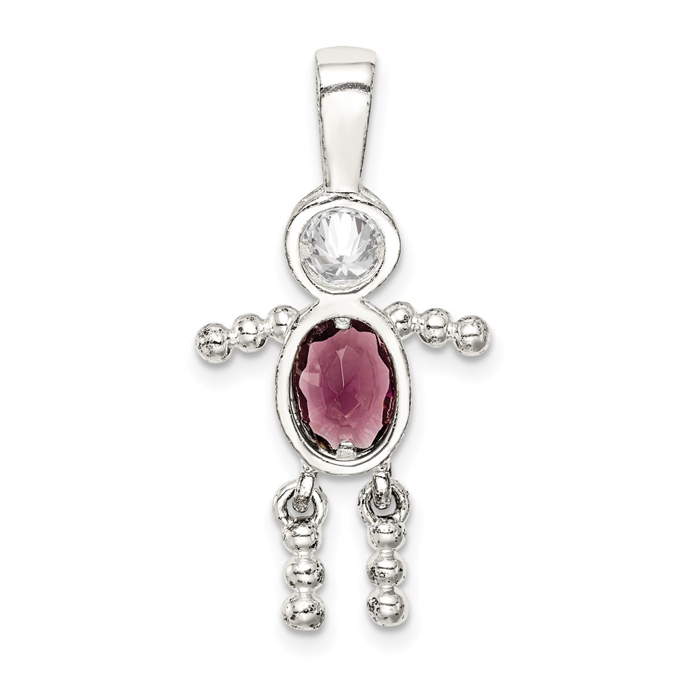 Sterling Silver Rhodium-plated CZ & February Glass Boy Pendant (QC6713FEB)