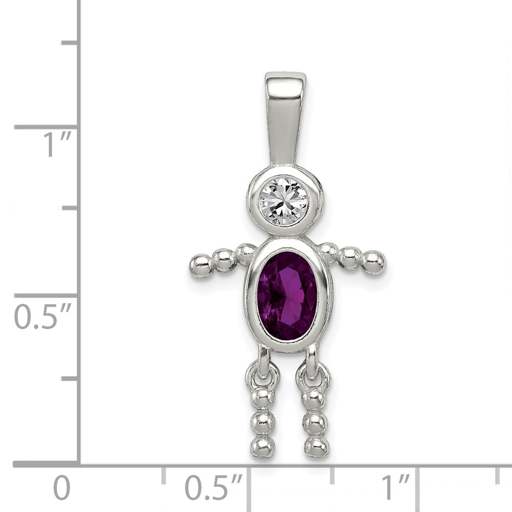 Sterling Silver Rhodium-plated CZ & February Glass Boy Pendant (QC6713FEB)