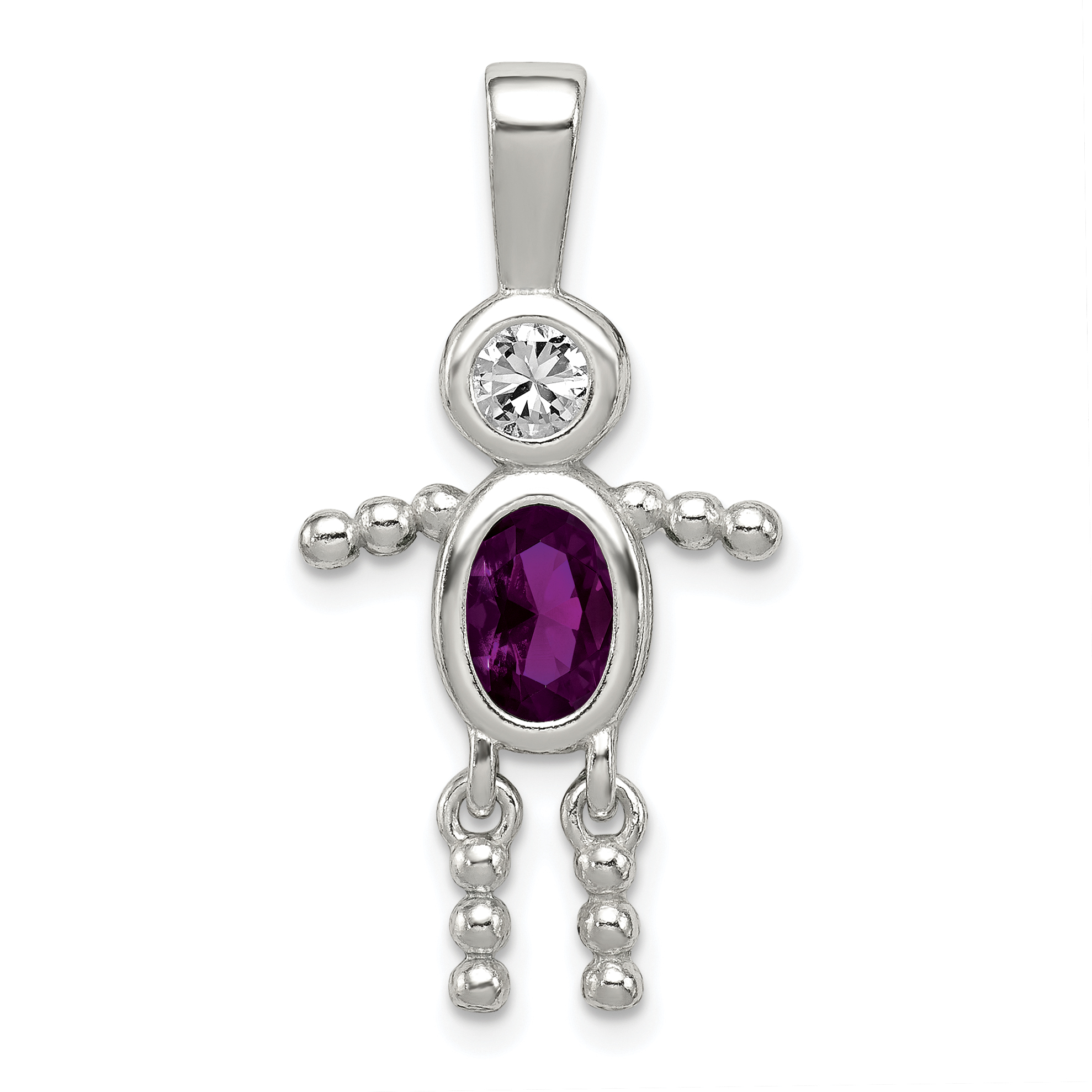 Sterling Silver Rhodium-plated CZ & February Glass Boy Pendant (QC6713FEB)