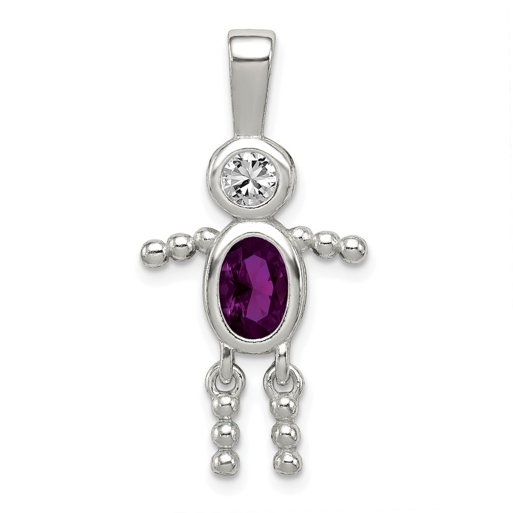 Sterling Silver Rhodium-plated CZ & February Glass Boy Pendant (QC6713FEB)