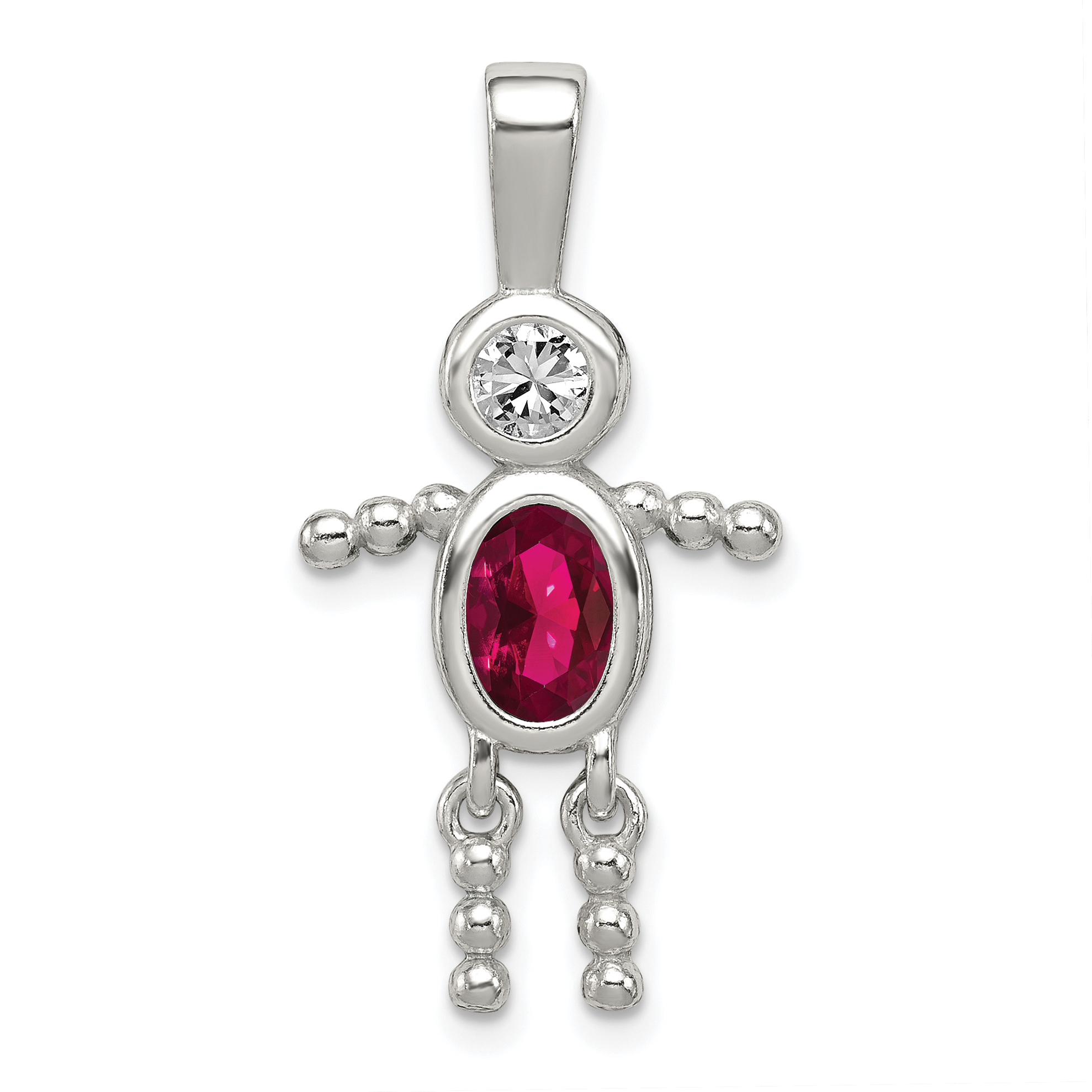 Sterling Silver Rhodium-plated CZ & July Glass Boy Pendant (QC6713JUL)