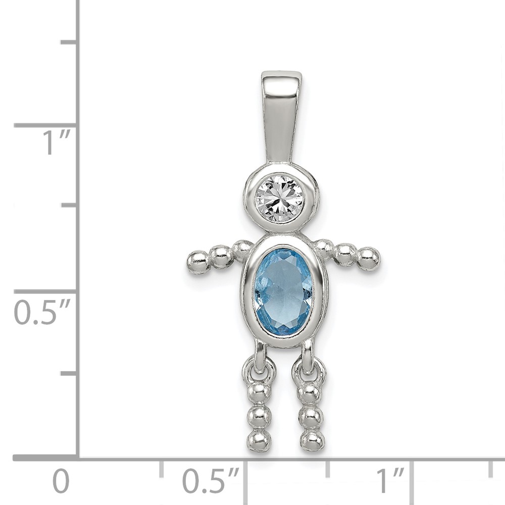 Sterling Silver Rhodium-plated CZ & March Glass Boy Pendant (QC6713MAR)