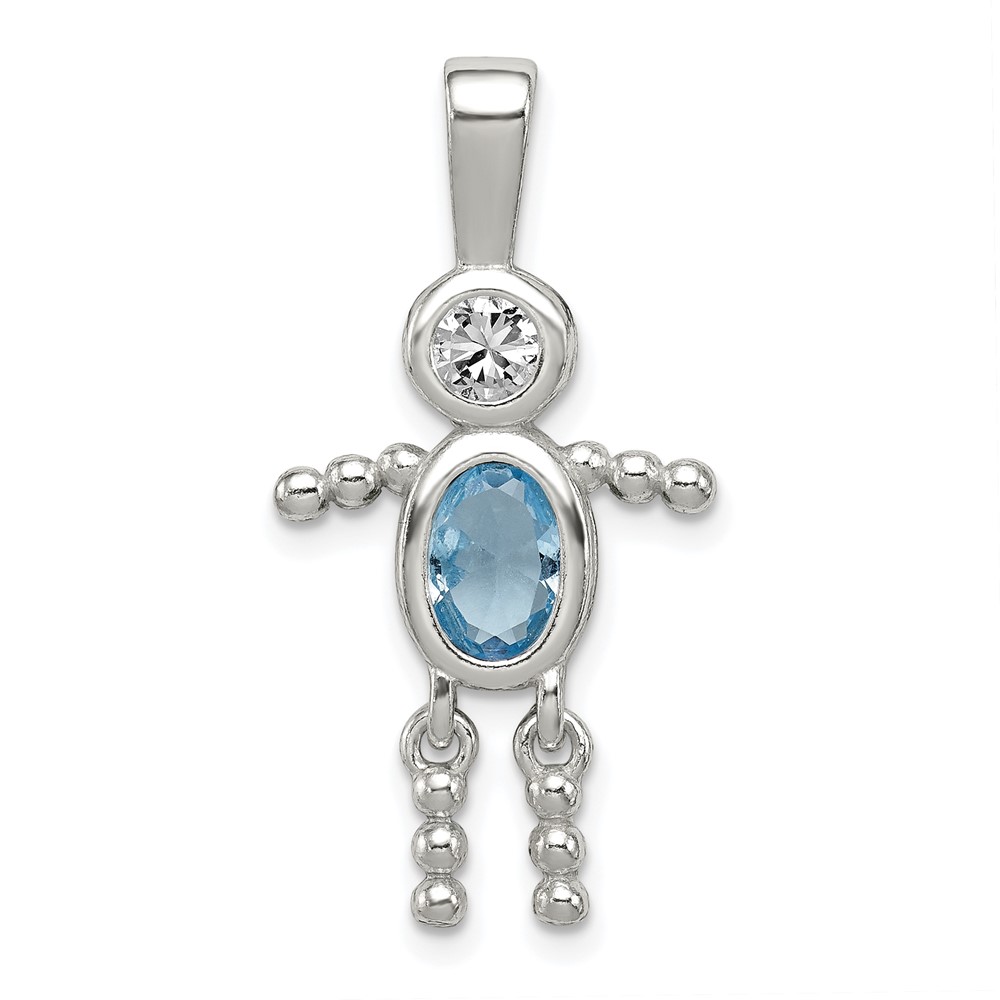 Sterling Silver Rhodium-plated CZ & March Glass Boy Pendant (QC6713MAR)