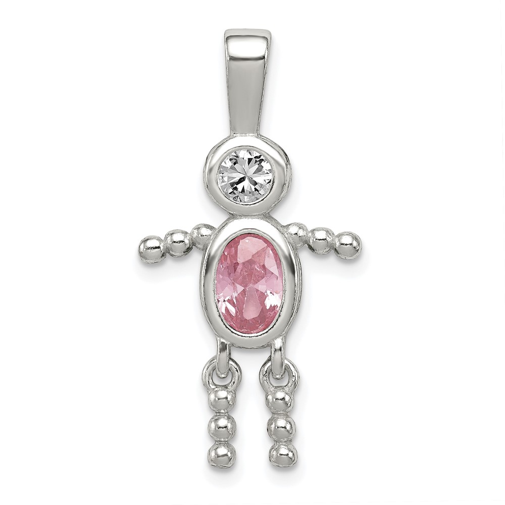 Sterling Silver Rhodium-plated CZ & October Pink CZ Boy Pendant (QC6713OCT)