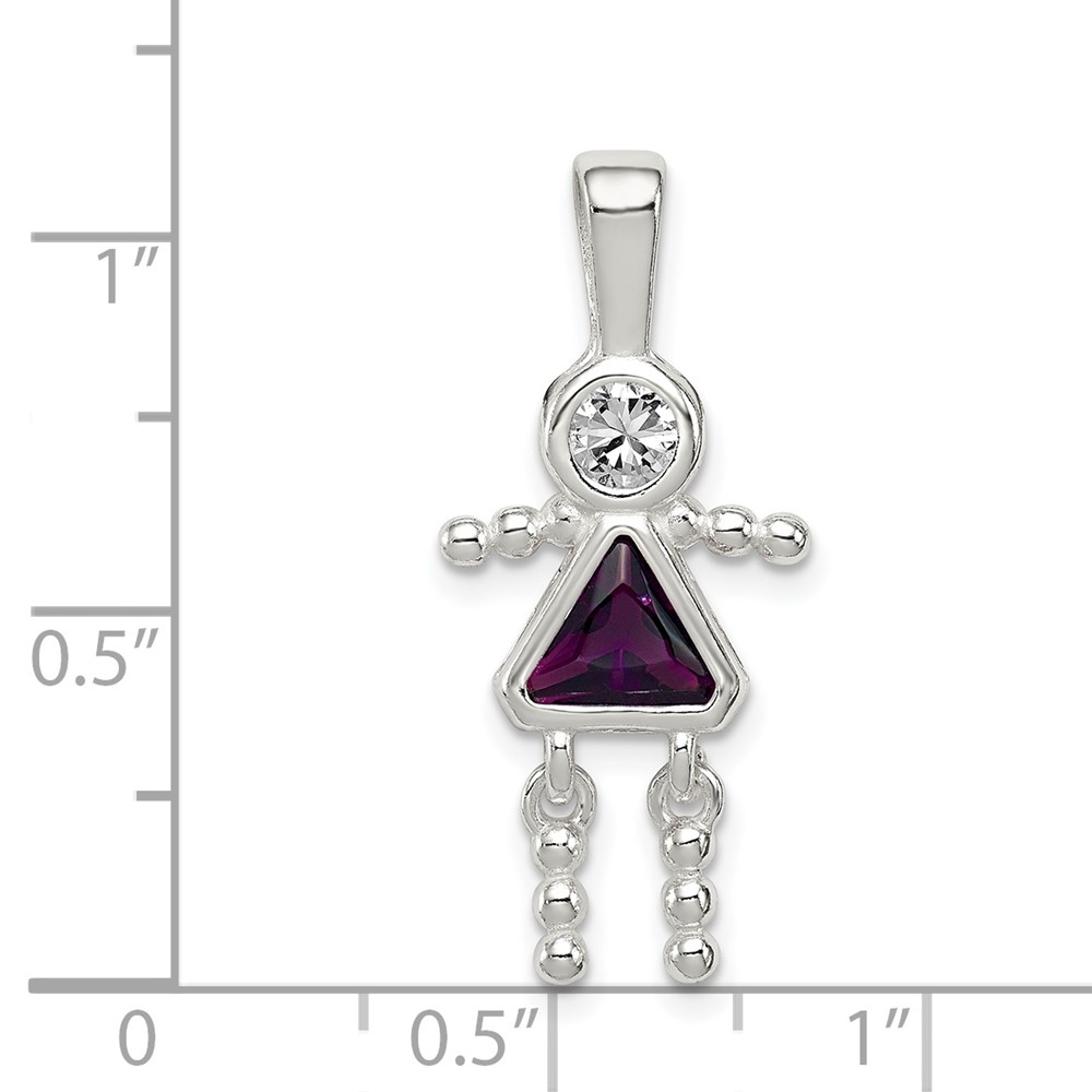 Sterling Silver Rhodium-plated CZ & February Glass Girl Pendant (QC6714FEB)