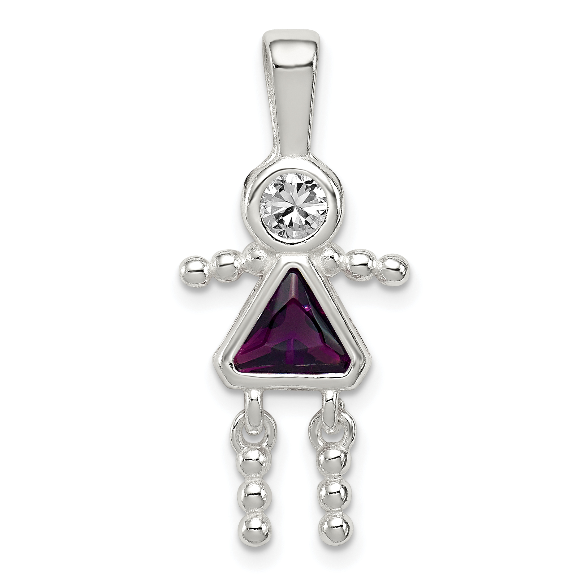 Sterling Silver Rhodium-plated CZ & February Glass Girl Pendant (QC6714FEB)
