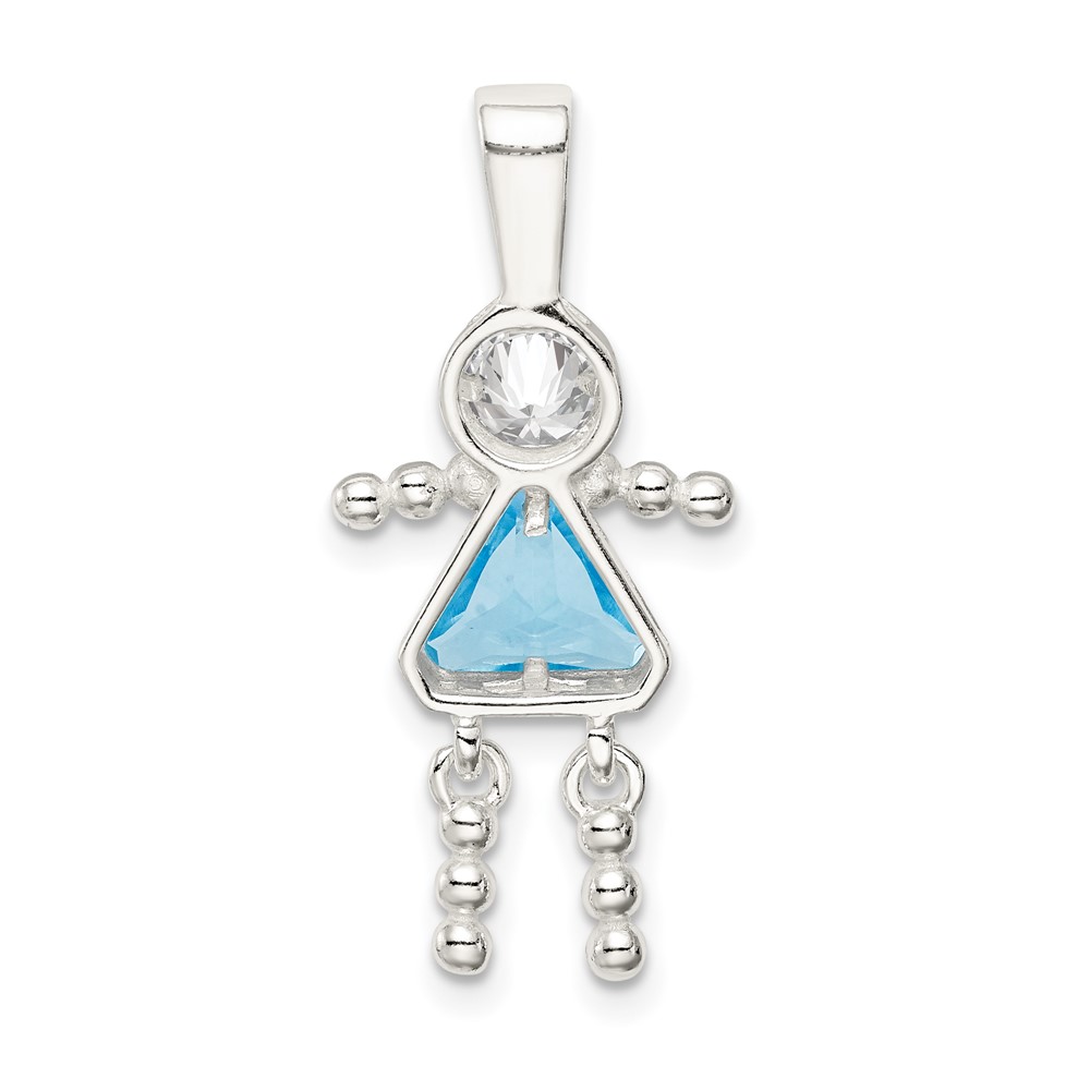 Sterling Silver Rhodium-plated CZ & March Glass Girl Pendant (QC6714MAR)
