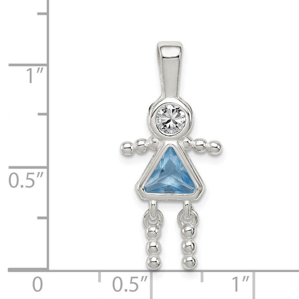Sterling Silver Rhodium-plated CZ & March Glass Girl Pendant (QC6714MAR)