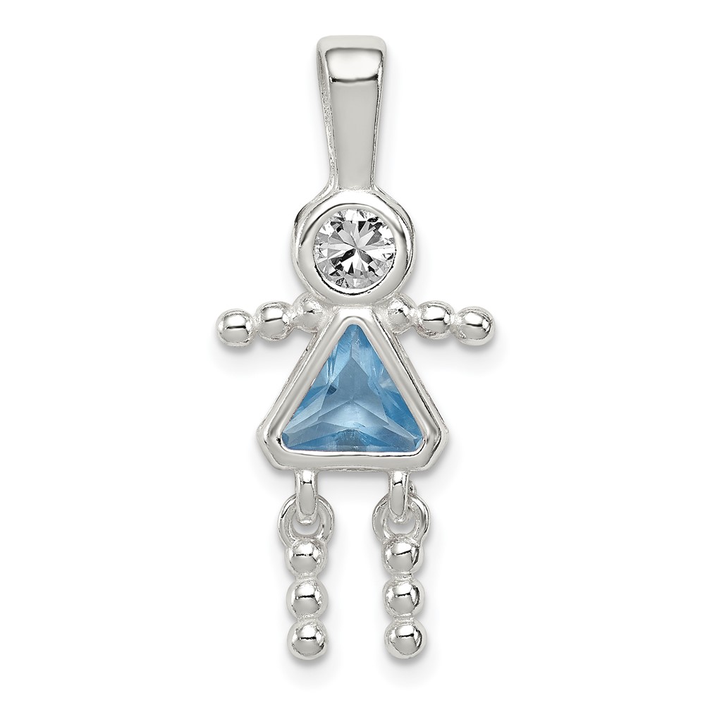 Sterling Silver Rhodium-plated CZ & March Glass Girl Pendant (QC6714MAR)