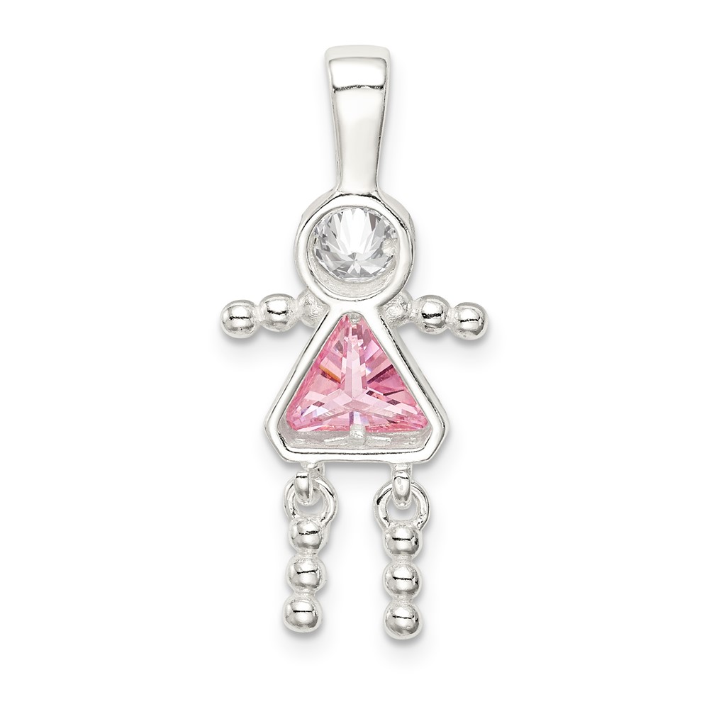 Sterling Silver Rhodium-plated CZ & October Pink CZ Girl Pendant (QC6714OCT)