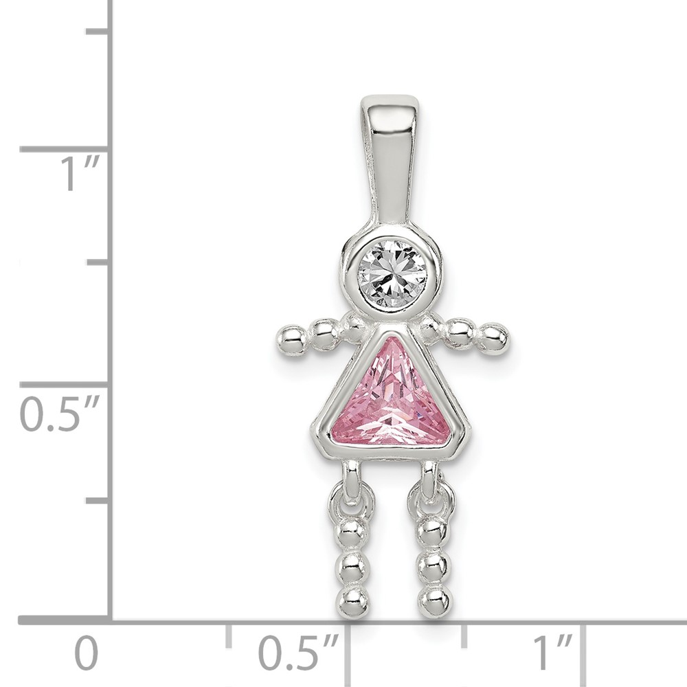 Sterling Silver Rhodium-plated CZ & October Pink CZ Girl Pendant (QC6714OCT)