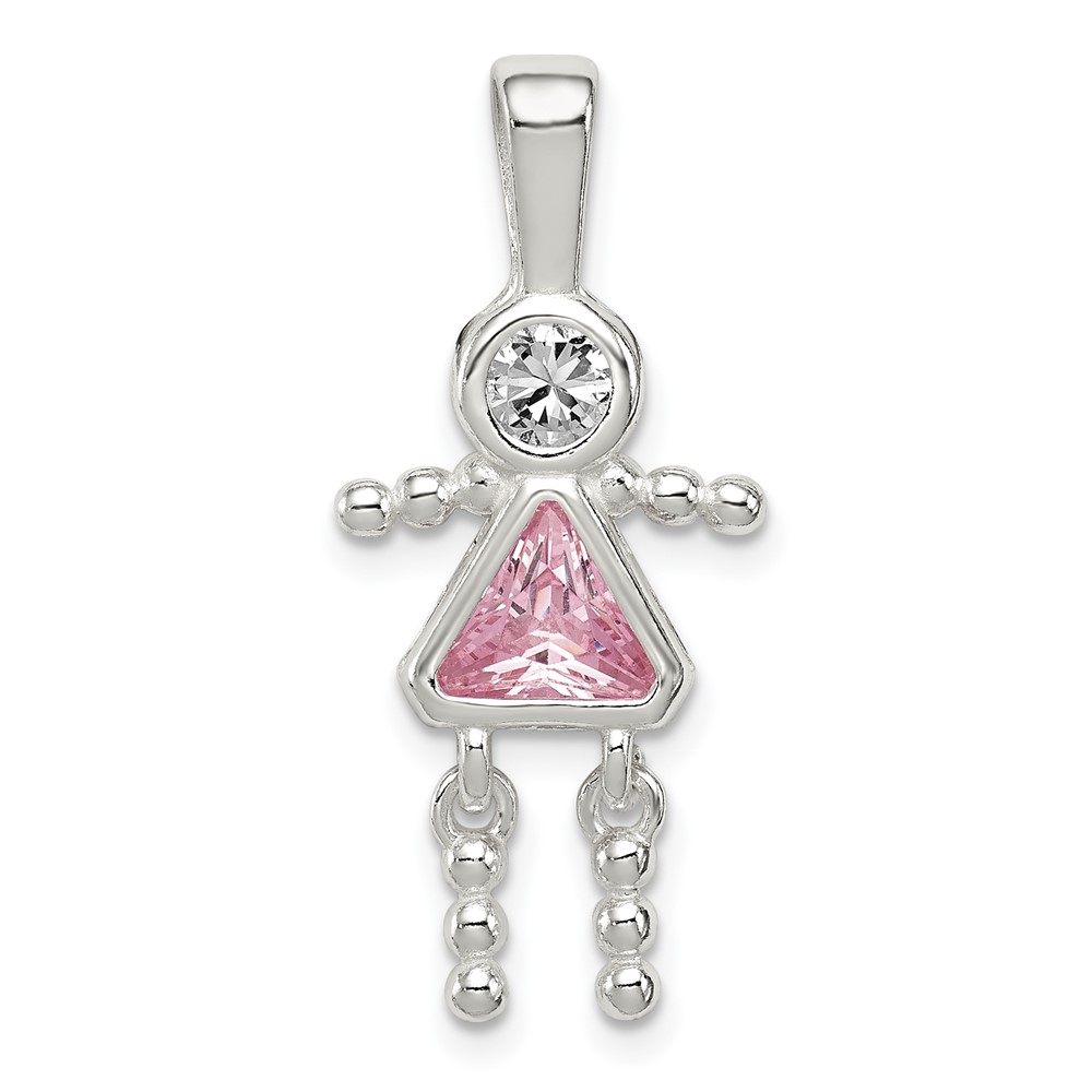 Sterling Silver Rhodium-plated CZ & October Pink CZ Girl Pendant (QC6714OCT)