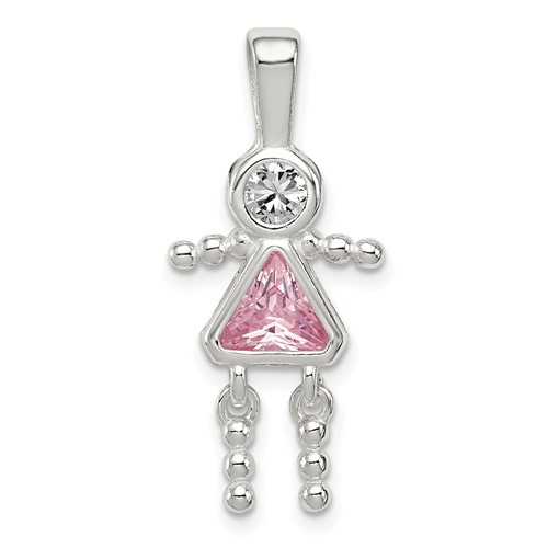 Sterling Silver Rhodium-plated CZ & October Pink CZ Girl Pendant