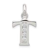 Sterling Silver White CZ Letter T Initial Pendant view 1