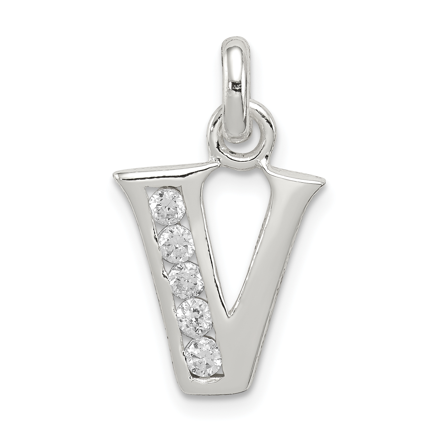 Sterling Silver White CZ Letter V Initial Pendant (QC6716V)