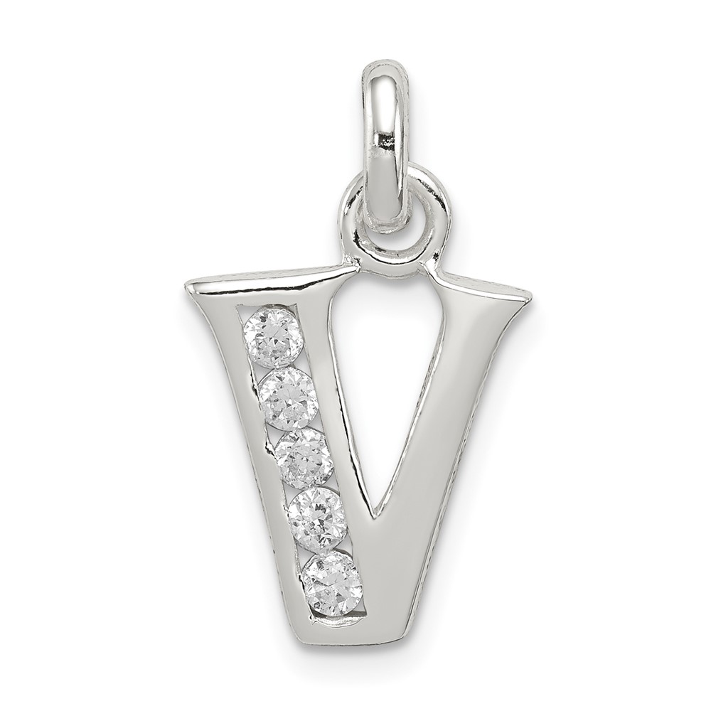 Sterling Silver White CZ Letter V Initial Pendant (QC6716V)