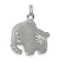 Sterling Silver CZ Grey Enameled Polished Elephant Charm view 1