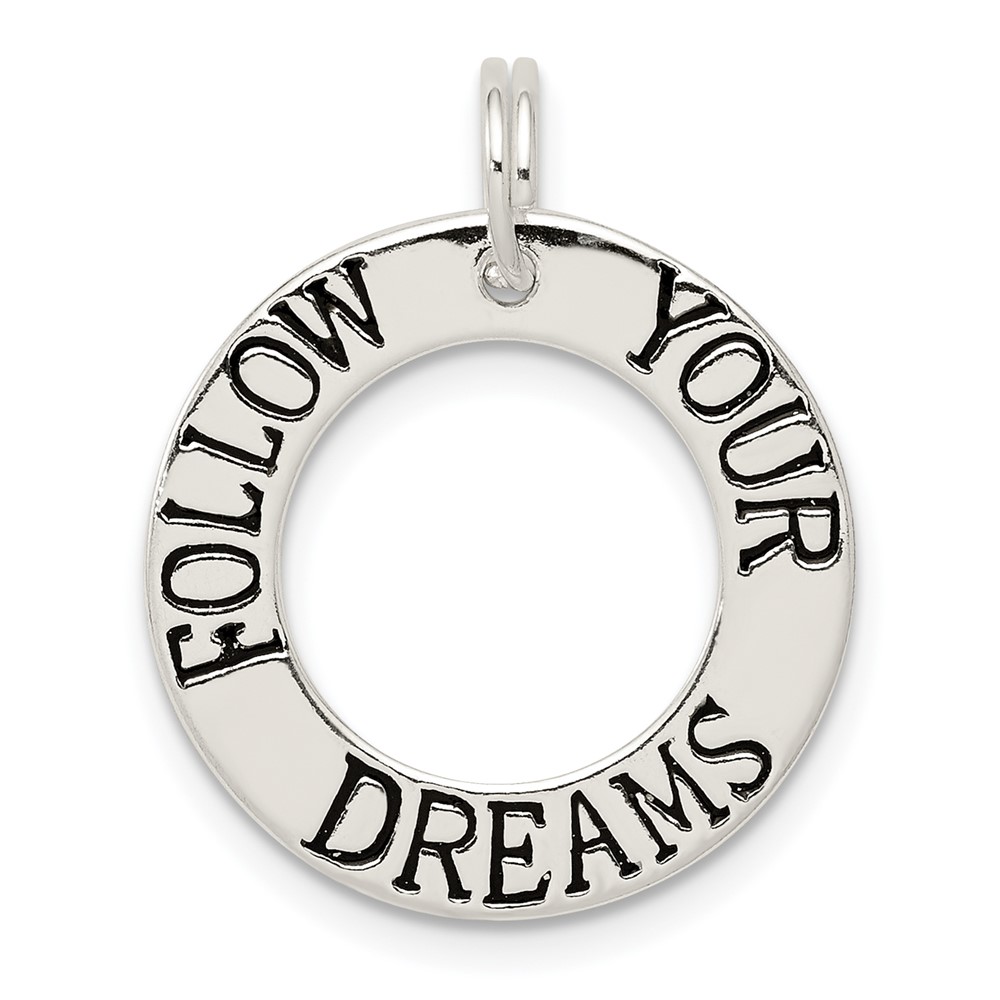 Sterling Silver Polished Black Enameled Follow Your Dreams Circle Charm