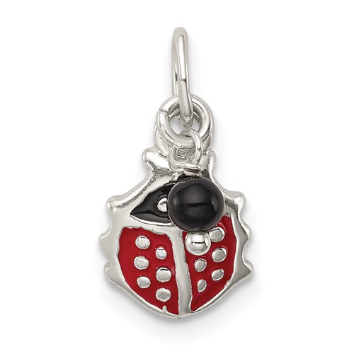Sterling Silver Red and Black Enameled Ladybug Charm with Black Bead
