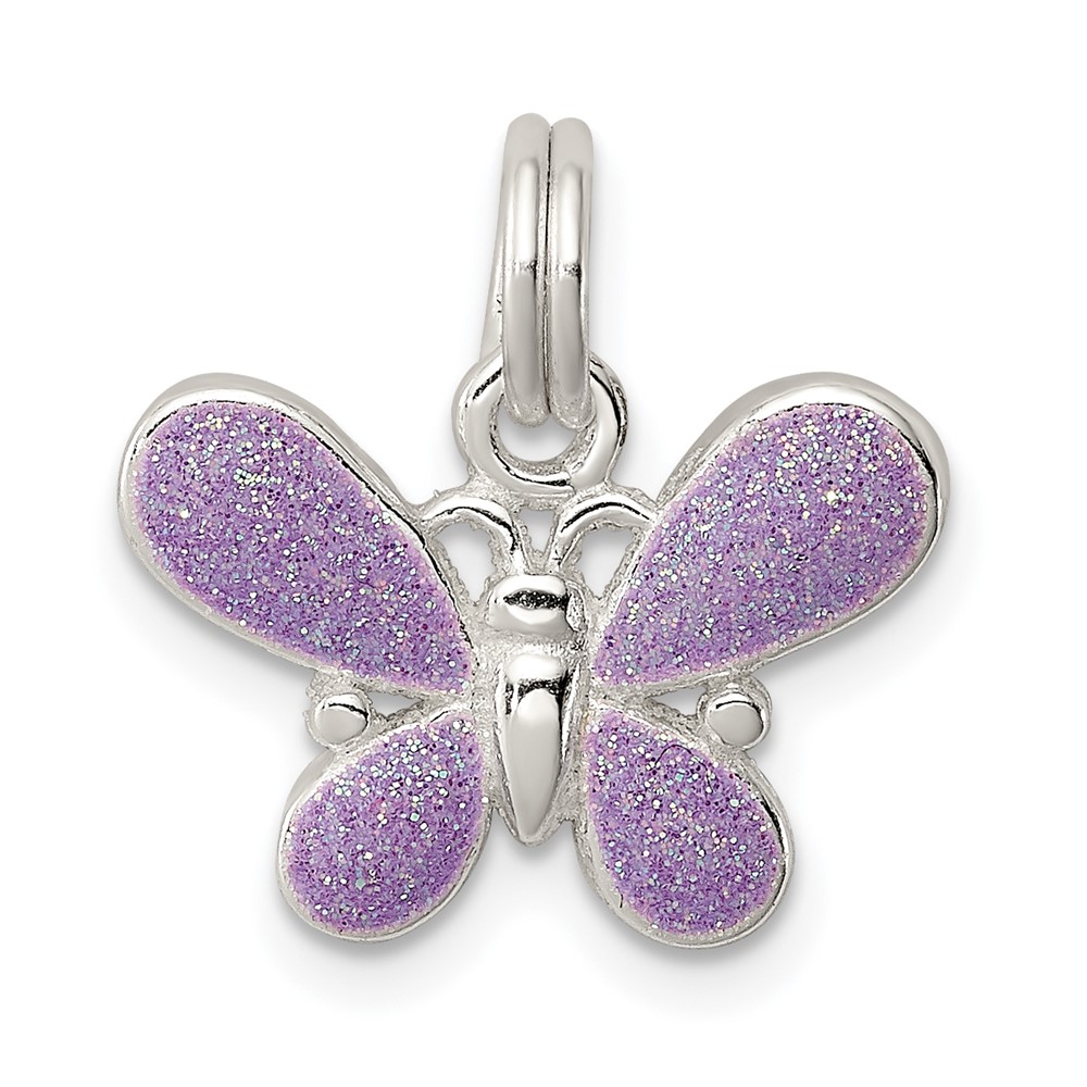 Sterling Silver Rhodium-plated Polished Purple Enameled Butterfly Charm