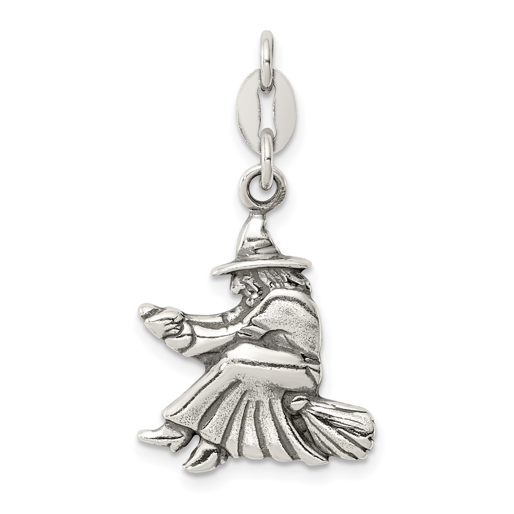 Sterling Silver Antiqued Witch on Broom Pendant