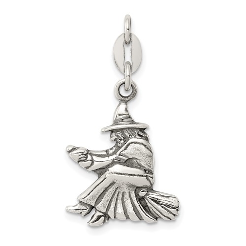 Sterling Silver Antiqued Witch on Broom Pendant