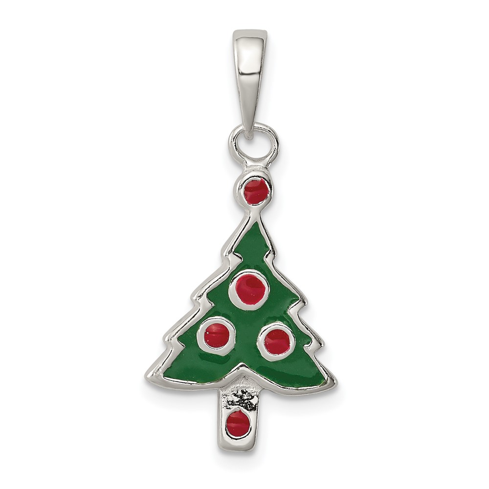 Sterling Silver Green and Red Enameled Christmas Tree Pendant