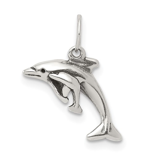 Sterling Silver Antiqued Dolphin Charm with Baby