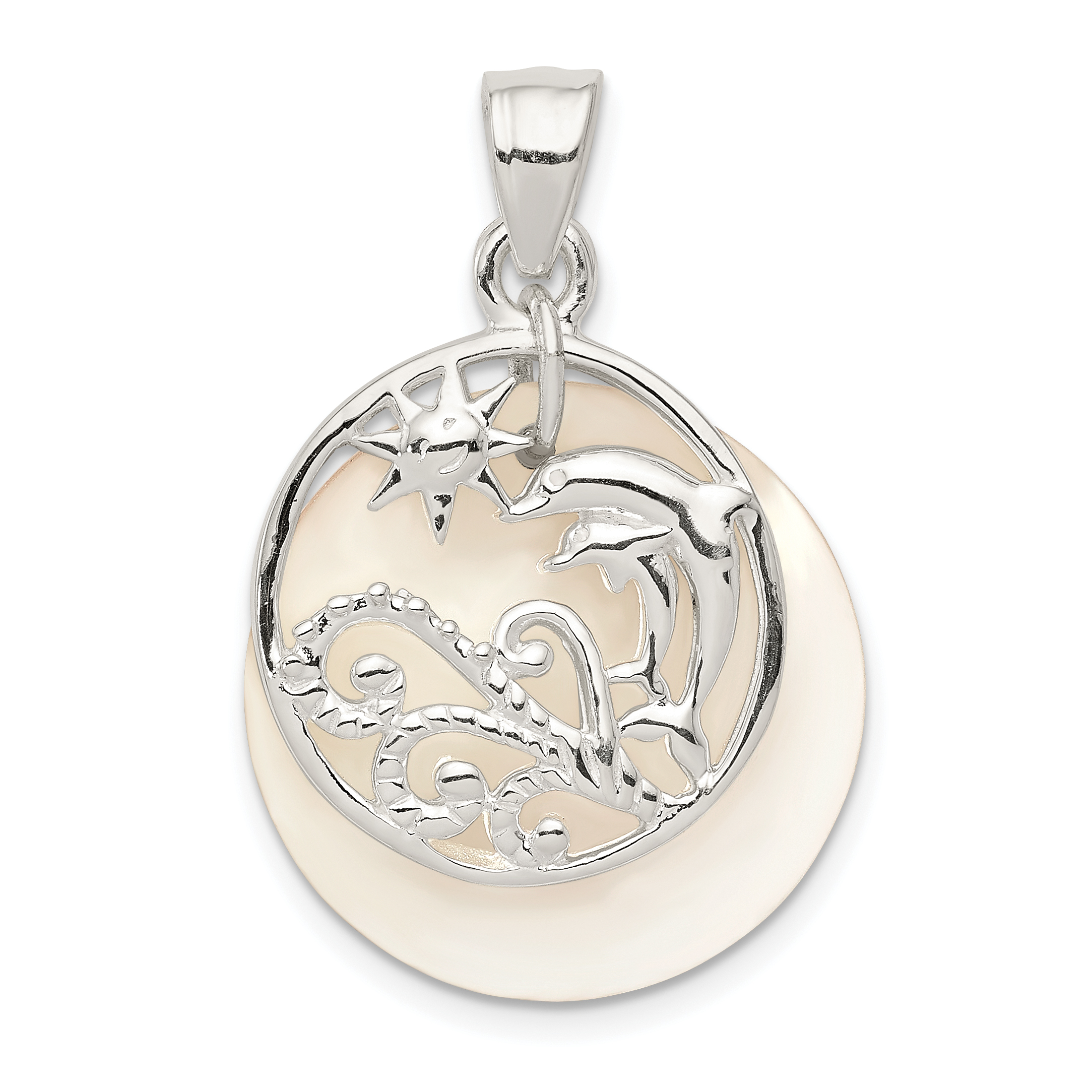 Sterling Silver Polished Dolphin & Waves Mother of Pearl Pendant (QC6947)