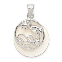 Sterling Silver Polished Dolphin and Waves Mother of Pearl Pendant view 1