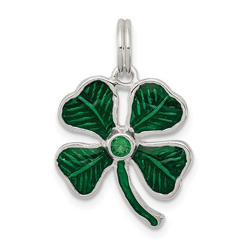 Sterling Silver Enameled 4-Leaf Clover Charm with Green Glass Stone