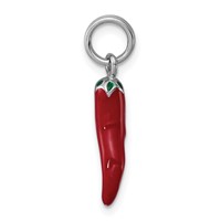 Sterling Silver Rhodium Plated Red Enamel Charm with Green Enamel Accent Pepper view 2