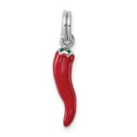 Sterling Silver Rhodium Plated Red Enamel Charm with Green Enamel Accent Pepper view 1