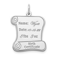 Sterling Silver Rhodium-plated Personalizable Birth Certificate Charm view 1