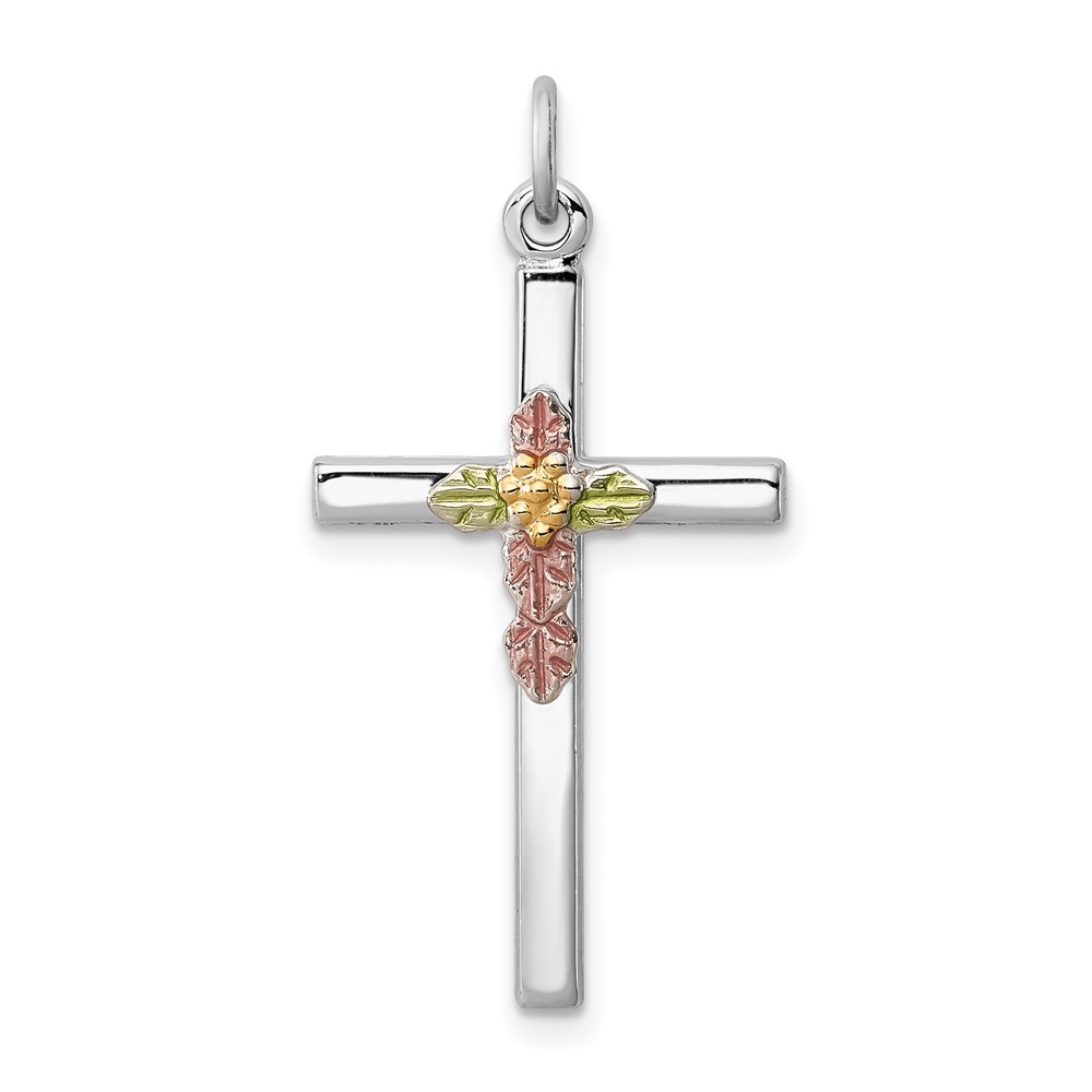 Sterling Silver Platinum-plated Polished Epoxy & Gold-plated Cross Pendant