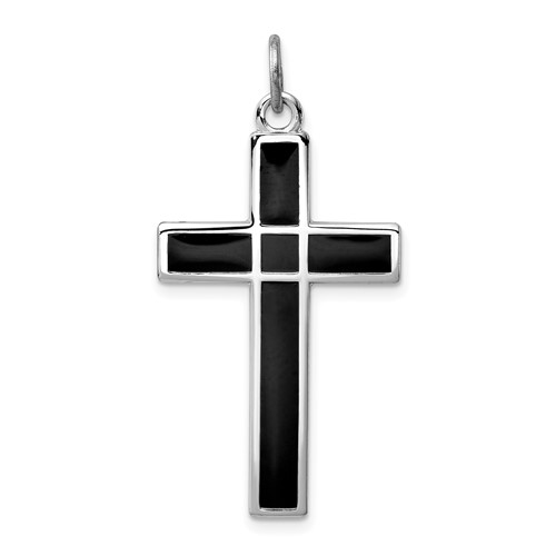 Sterling Silver Platinum-plated Brushed & Polished Enml Black Cross Pendant
