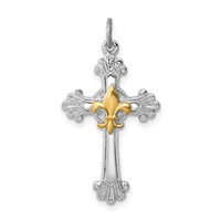Sterling Silver Platinum-plated & Gold-plated Cross & Fleur De Lis Pendant view 1