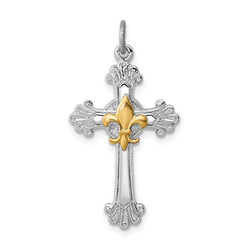 Sterling Silver Platinum-plated & Gold-plated Cross & Fleur De Lis Pendant