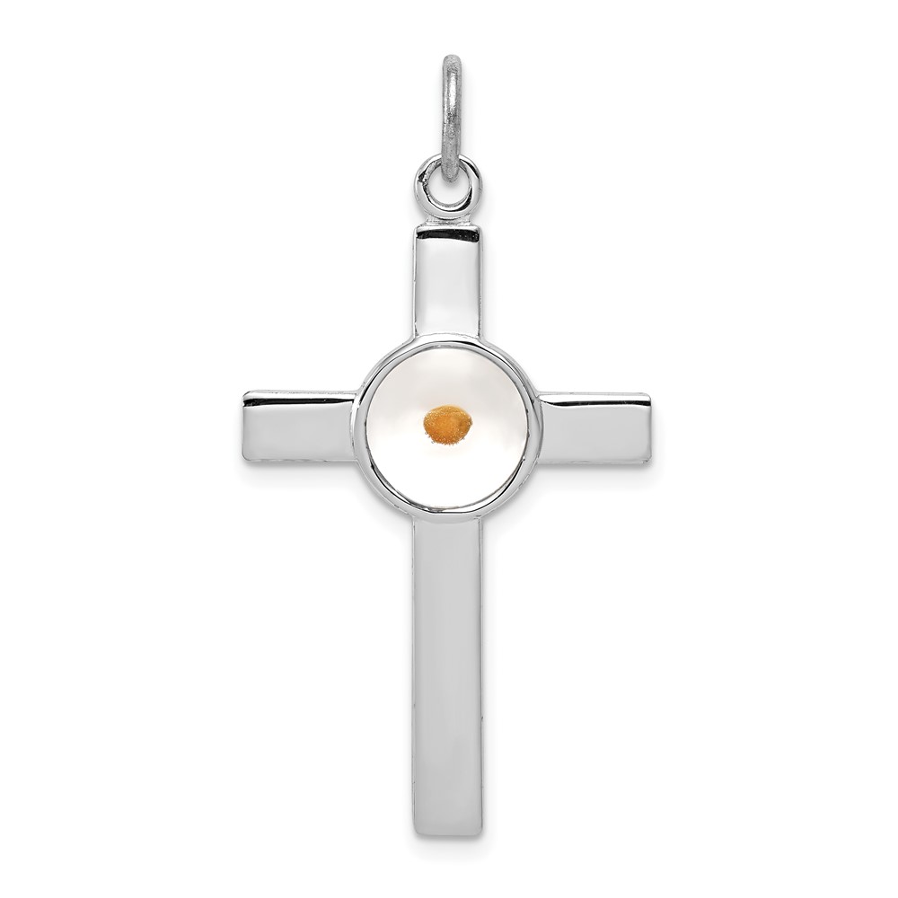 Sterling Silver Platinum-plated Polished & Epxy Cross with Mustard Seed Pendan